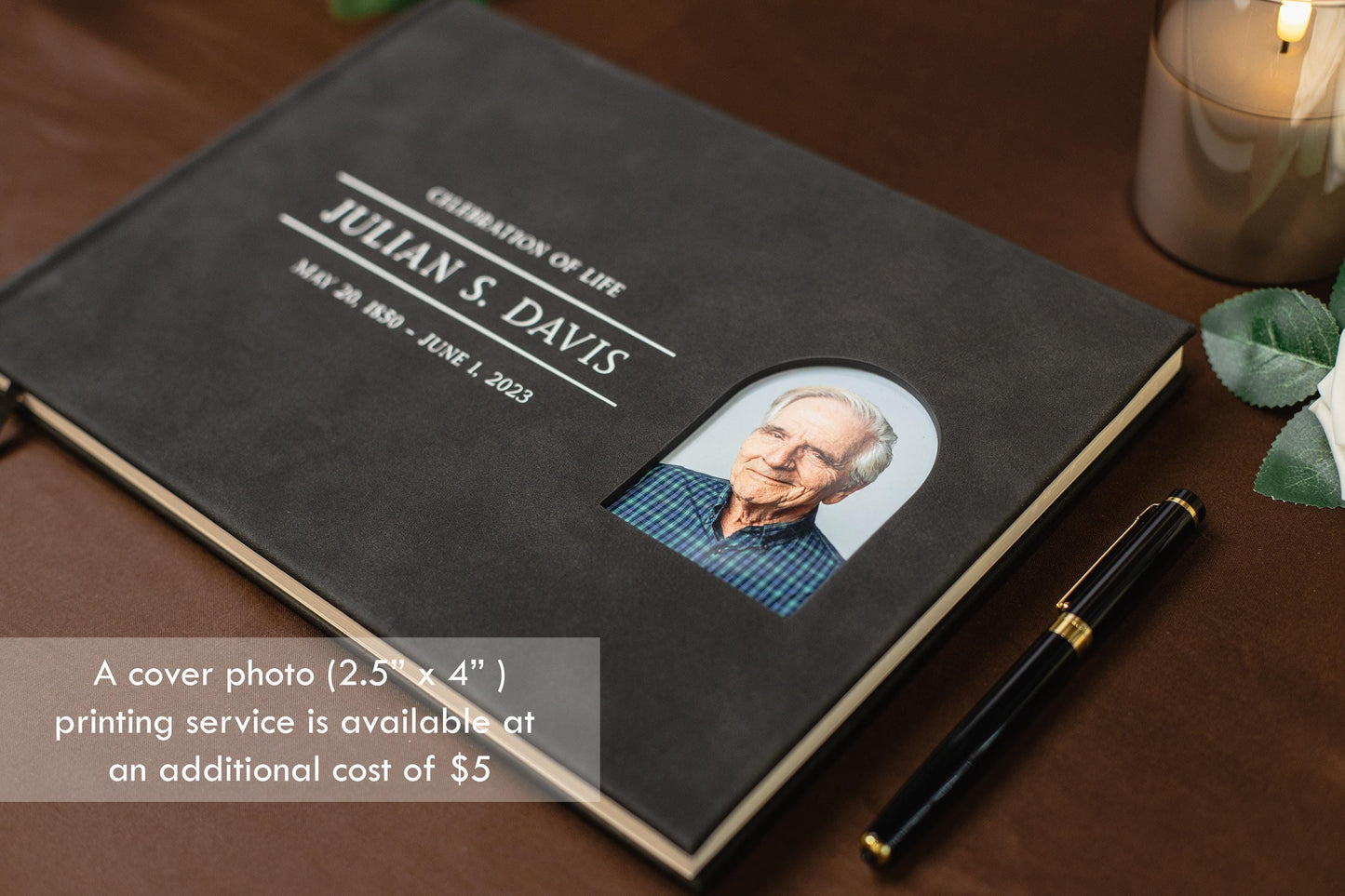 Funeral Guest Book with Photo Cover (Black - Design 4) - Celebration of Life, Memorial Service Book, Gift for Loss of Loved One