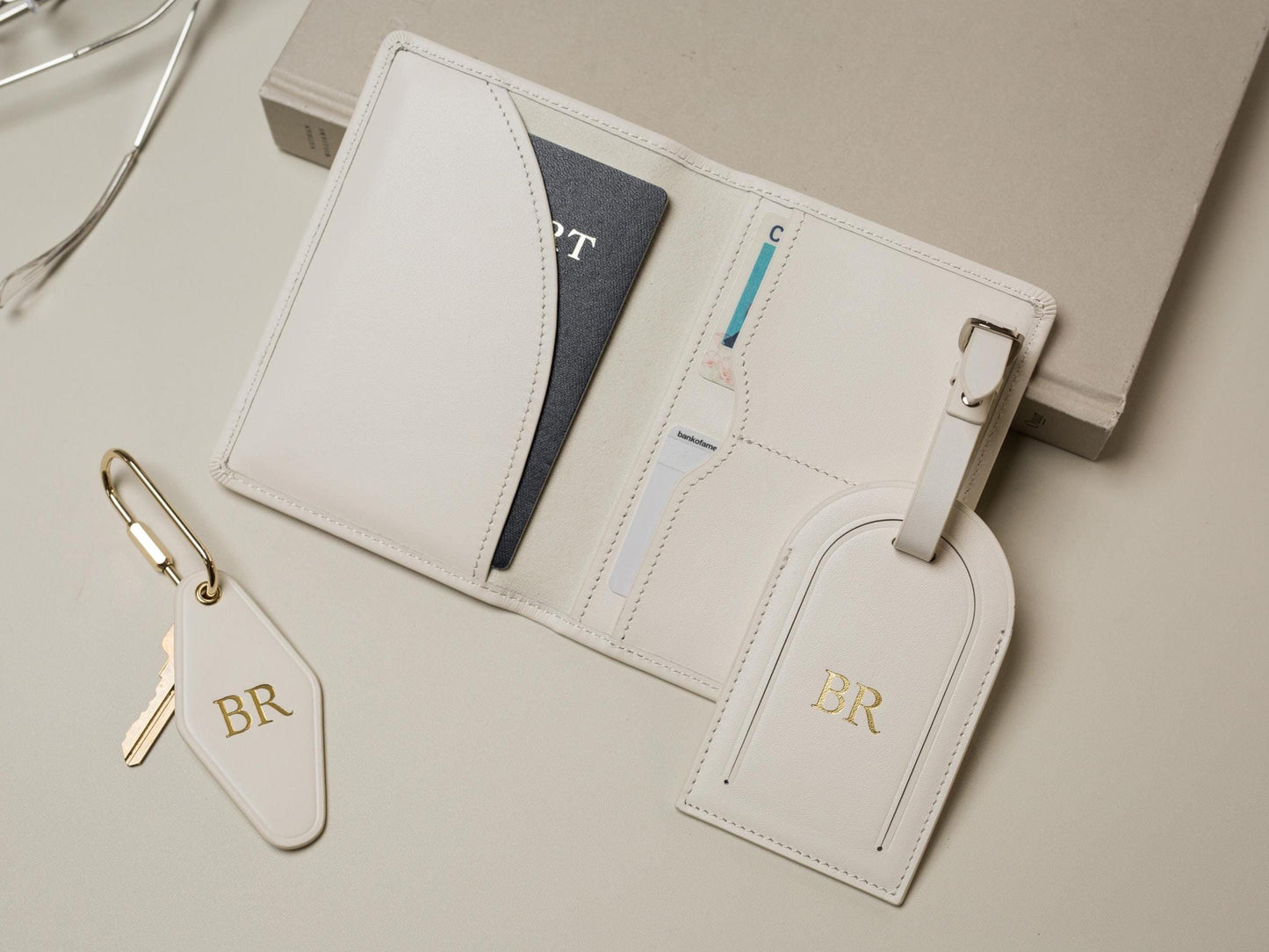 Embossed Monogram Leather Passport Holder, Luggage tag, Diamond Keychain (3 pcs Set) - Gift for wife, bride, honeymoon, 3rd anniversary