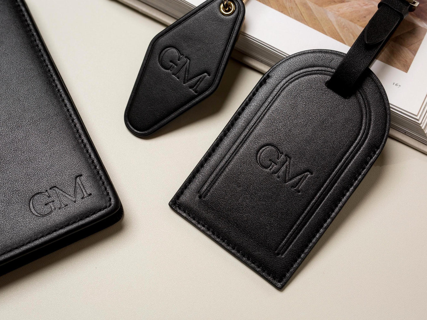 Embossed Monogram Leather Passport Holder, Luggage tag, Diamond Keychain (3 pcs Set) - Gift for wife, bride, honeymoon, 3rd anniversary