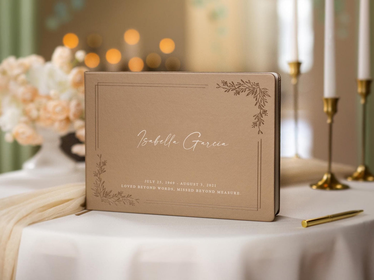 Floral Frame Funeral Guest Book (Design 1) - Personalized Celebration of Life Guestbook MemorIal Service Book of Condolence Memory Table