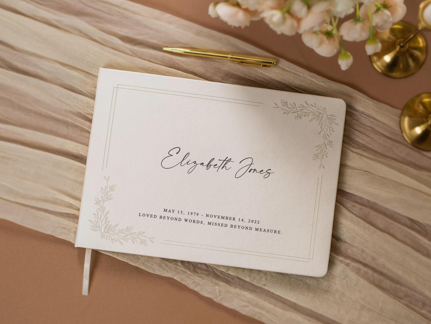 Floral Frame Funeral Guest Book (Design 1) - Personalized Celebration of Life Guestbook MemorIal Service Book of Condolence Memory Table