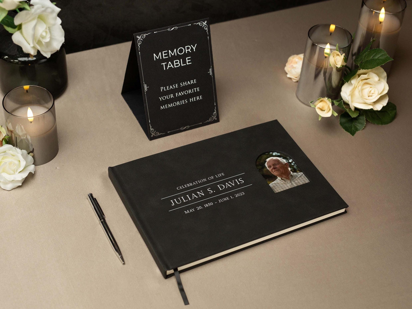 Funeral Guest Book with Photo Cover (Black - Design 4) - Celebration of Life, Memorial Service Book, Gift for Loss of Loved One
