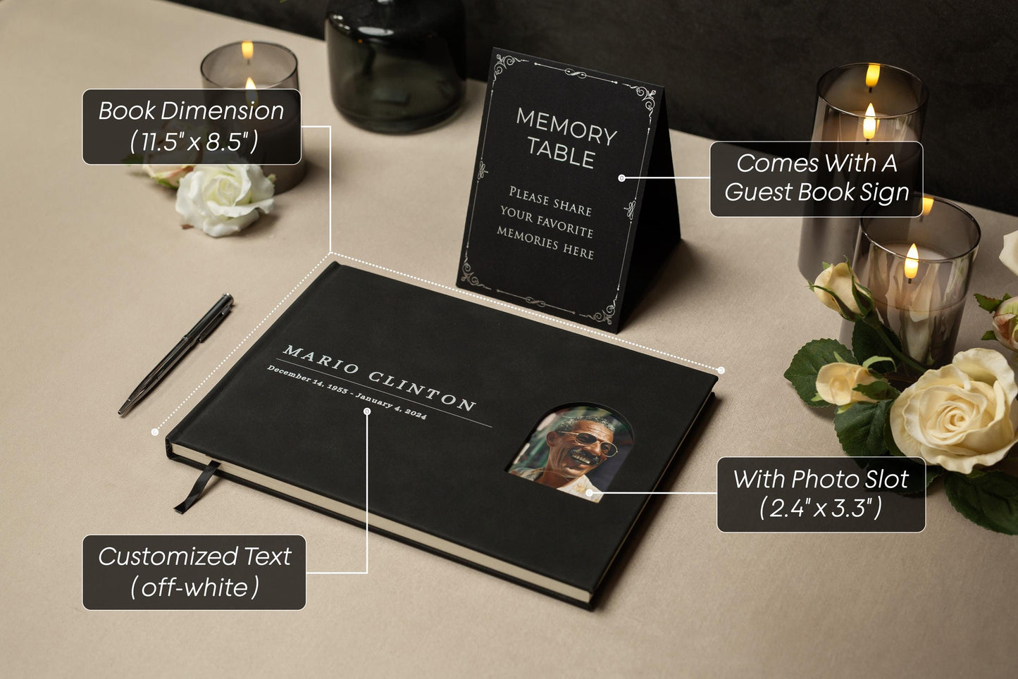 Funeral Guest Book with Photo Cover (Black - Design 2) - Memorial Sign In Guest Book, Dad Grandpa Grief Keepsake, Celebration of Life Wake
