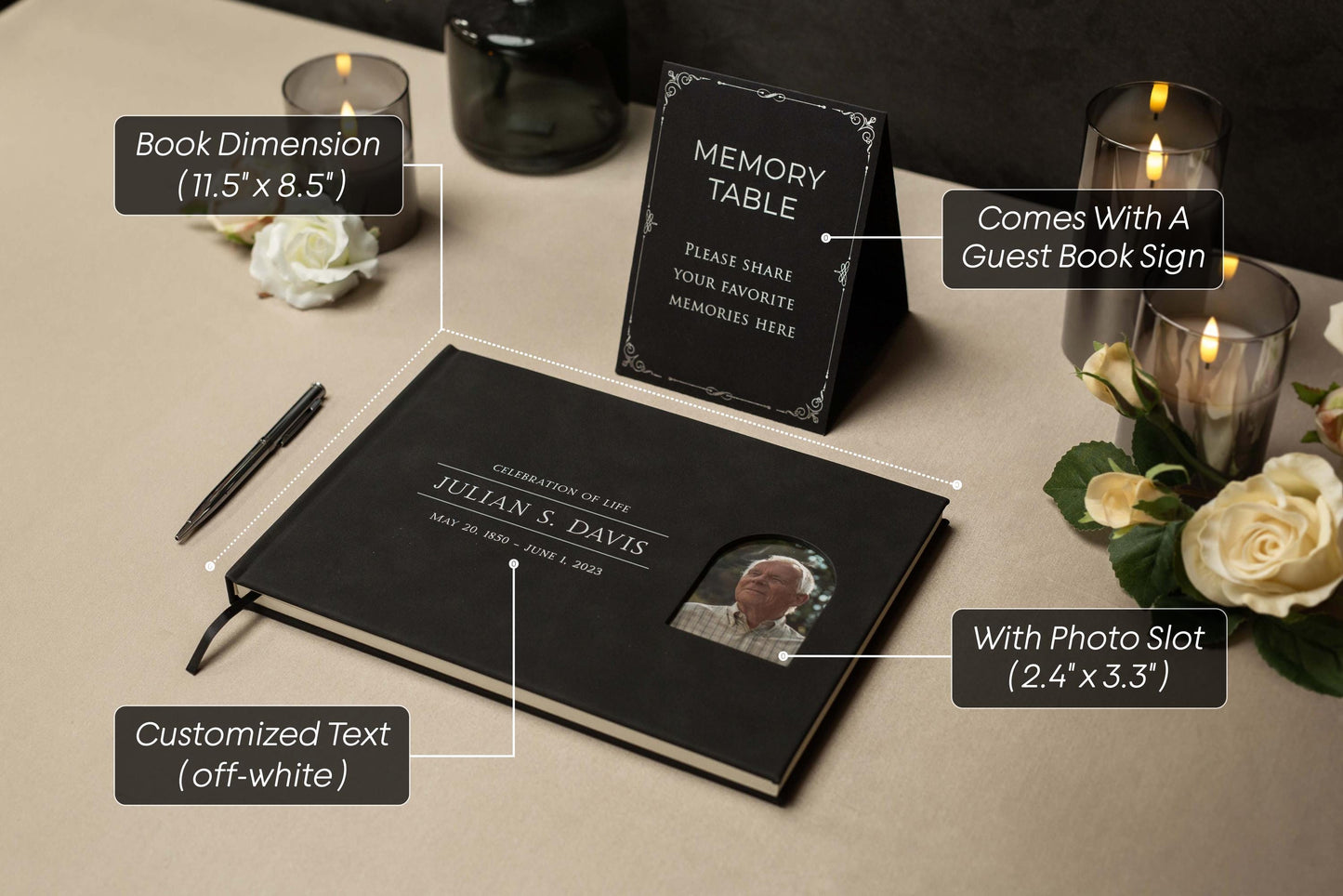 Funeral Guest Book with Photo Cover (Black - Design 4) - Celebration of Life, Memorial Service Book, Gift for Loss of Loved One