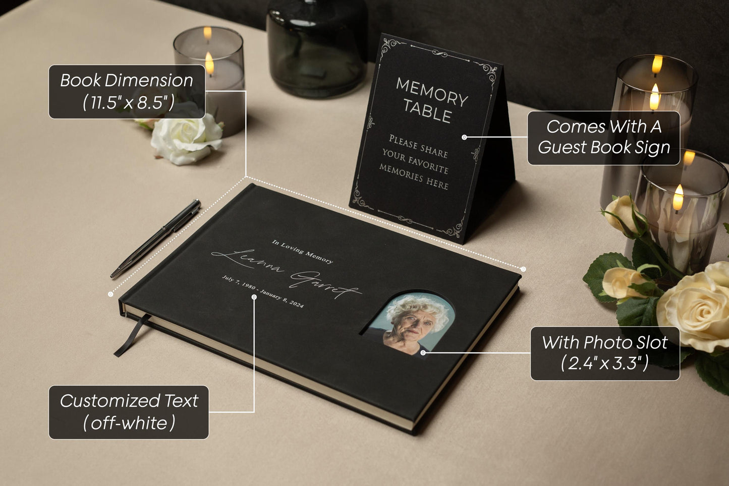 Funeral Guest Book with Photo Cover (Black - Design 3) - Remembrance or Sympathy Tribute Book, Grief Journal, Bereavement Gift