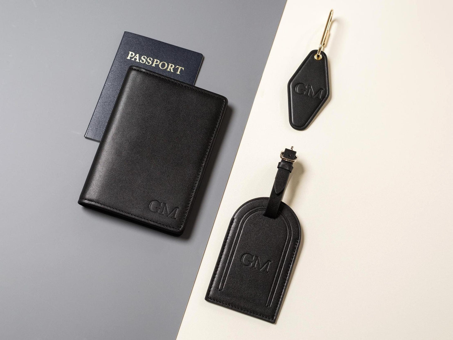 Embossed Monogram Leather Passport Holder, Luggage tag, Diamond Keychain (3 pcs Set) - Gift for wife, bride, honeymoon, 3rd anniversary