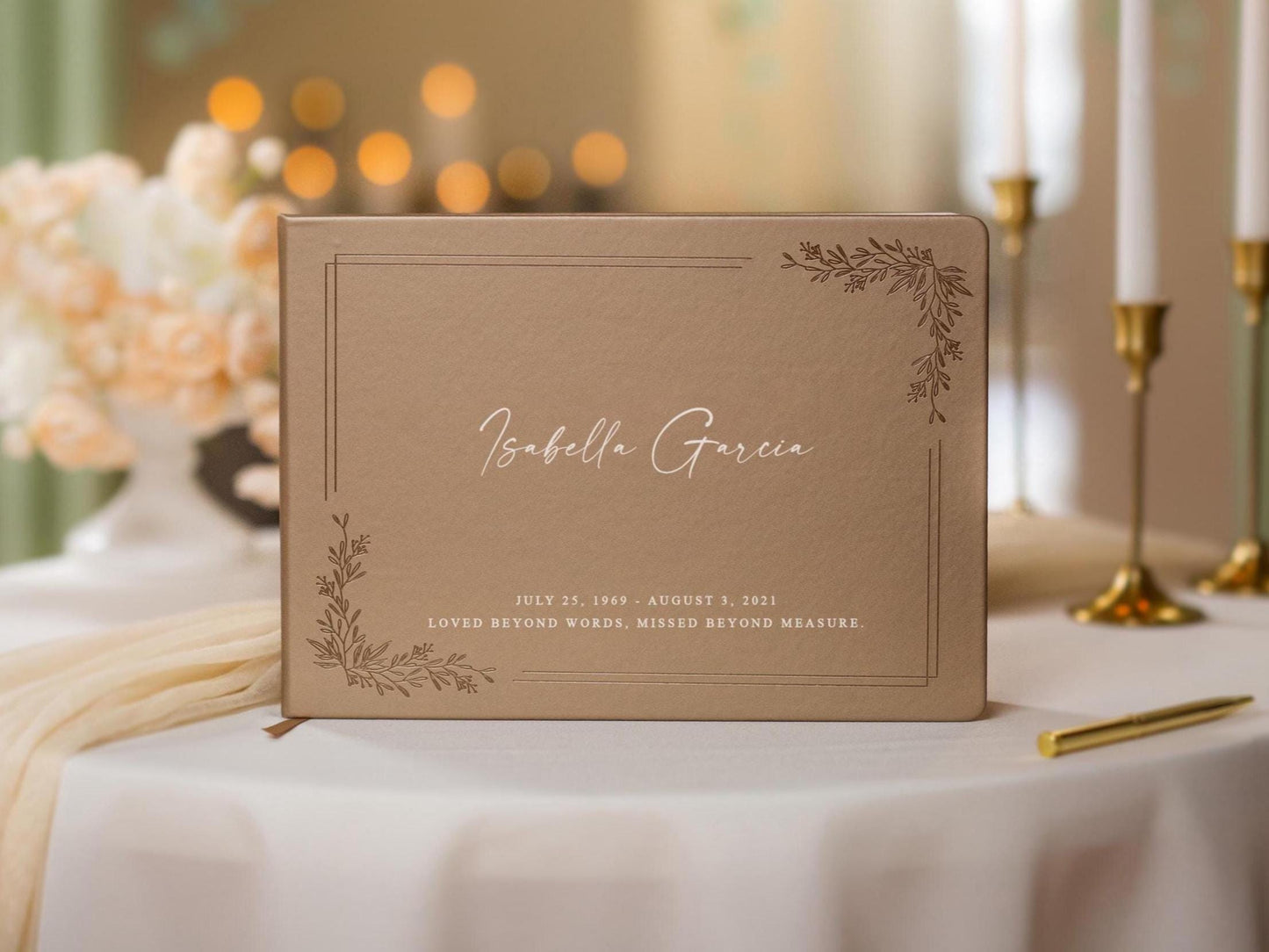 Floral Frame Funeral Guest Book (Design 1) - Personalized Celebration of Life Guestbook MemorIal Service Book of Condolence Memory Table