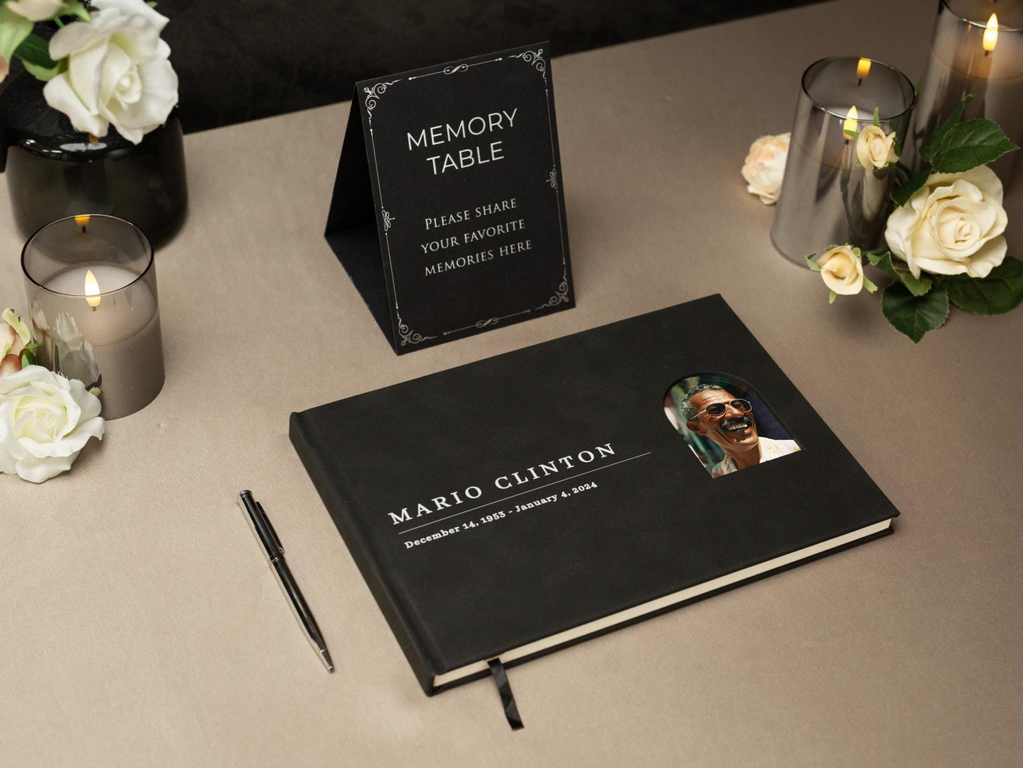 Funeral Guest Book with Photo Cover (Black - Design 2) - Memorial Sign In Guest Book, Dad Grandpa Grief Keepsake, Celebration of Life Wake