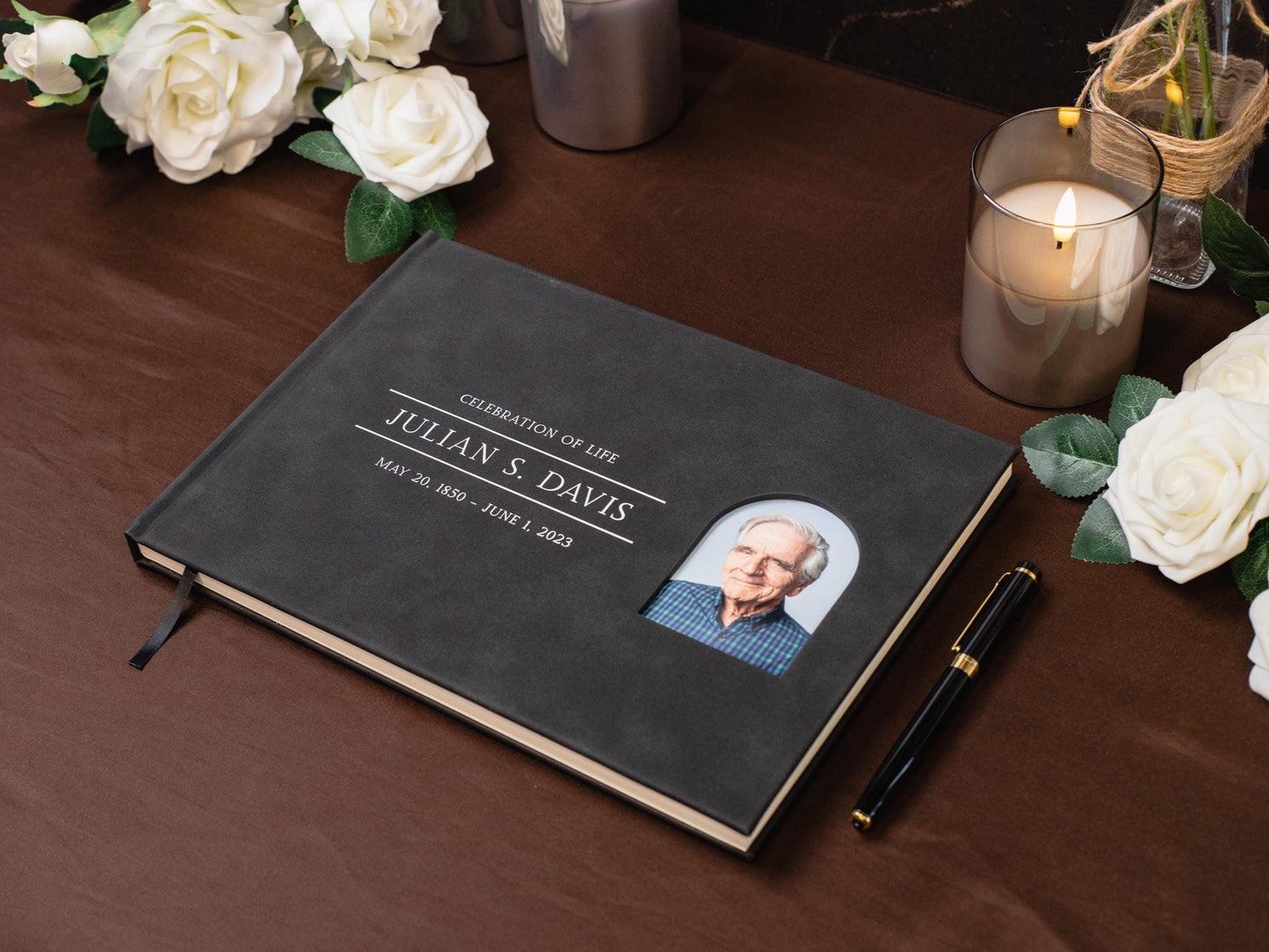 Funeral Guest Book with Photo Cover (Black - Design 4) - Celebration of Life, Memorial Service Book, Gift for Loss of Loved One