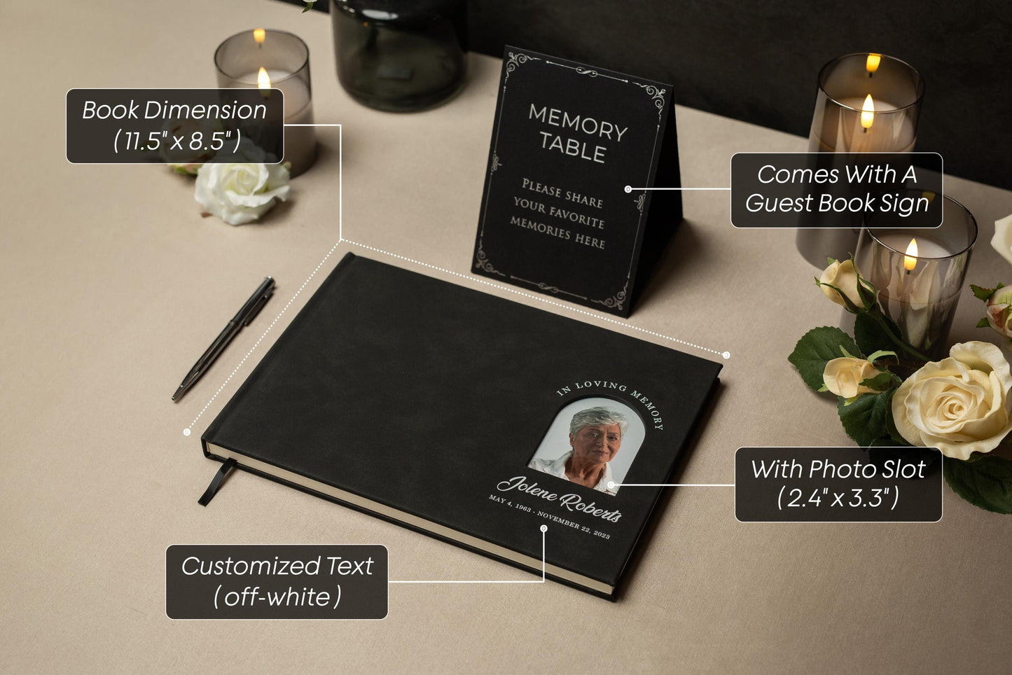 Funeral Guest Book with Photo Cover (Black - Design 1) - In Loving Memory Celebration of Life Memorial Registry Book Hard Cover