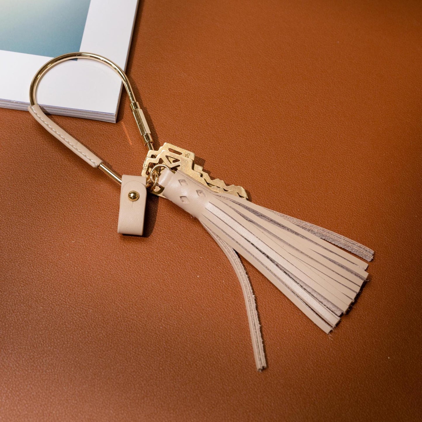 Gold Brass Leather Carabiner Keychain w/ Optional Tassel - Teardrop Pear, leather key ring, key fob for woman, unique minimalistic gift
