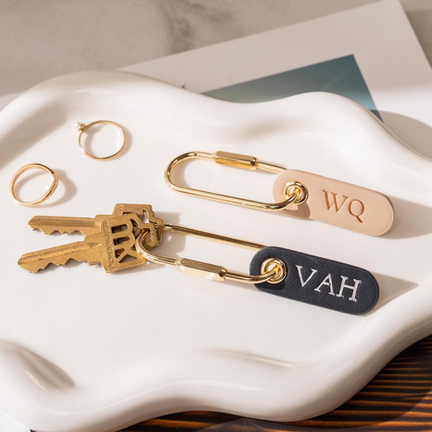 Embossed Leather Tag Keychain - modern key rings, custom monogrammed zipper pull, mini personalized key chain gift, minimal key fob, simple