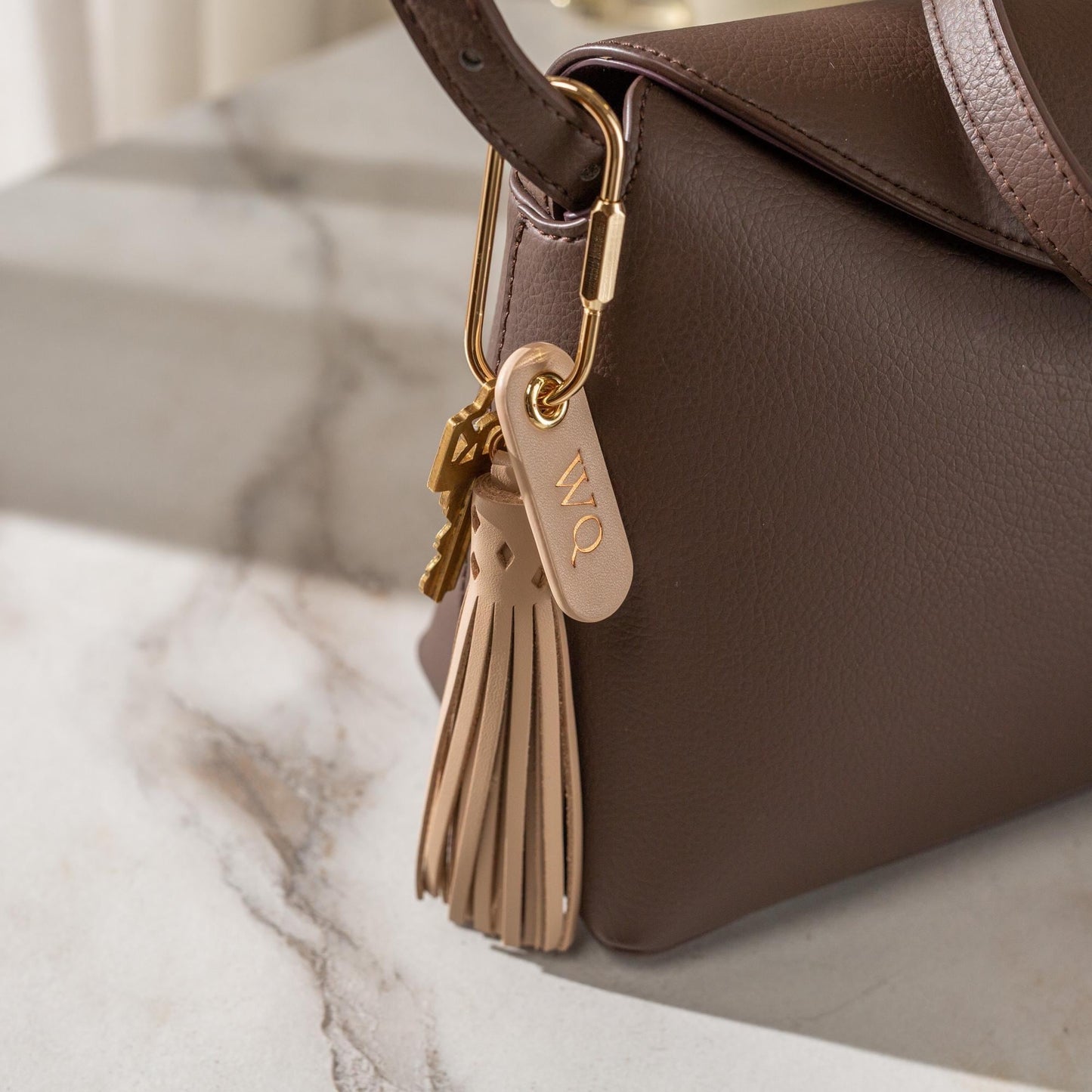 Embossed Leather Tag Keychain w/ Tassel - modern key rings, custom monogrammed zipper pull, mini personalized key chain gift, gold carabiner