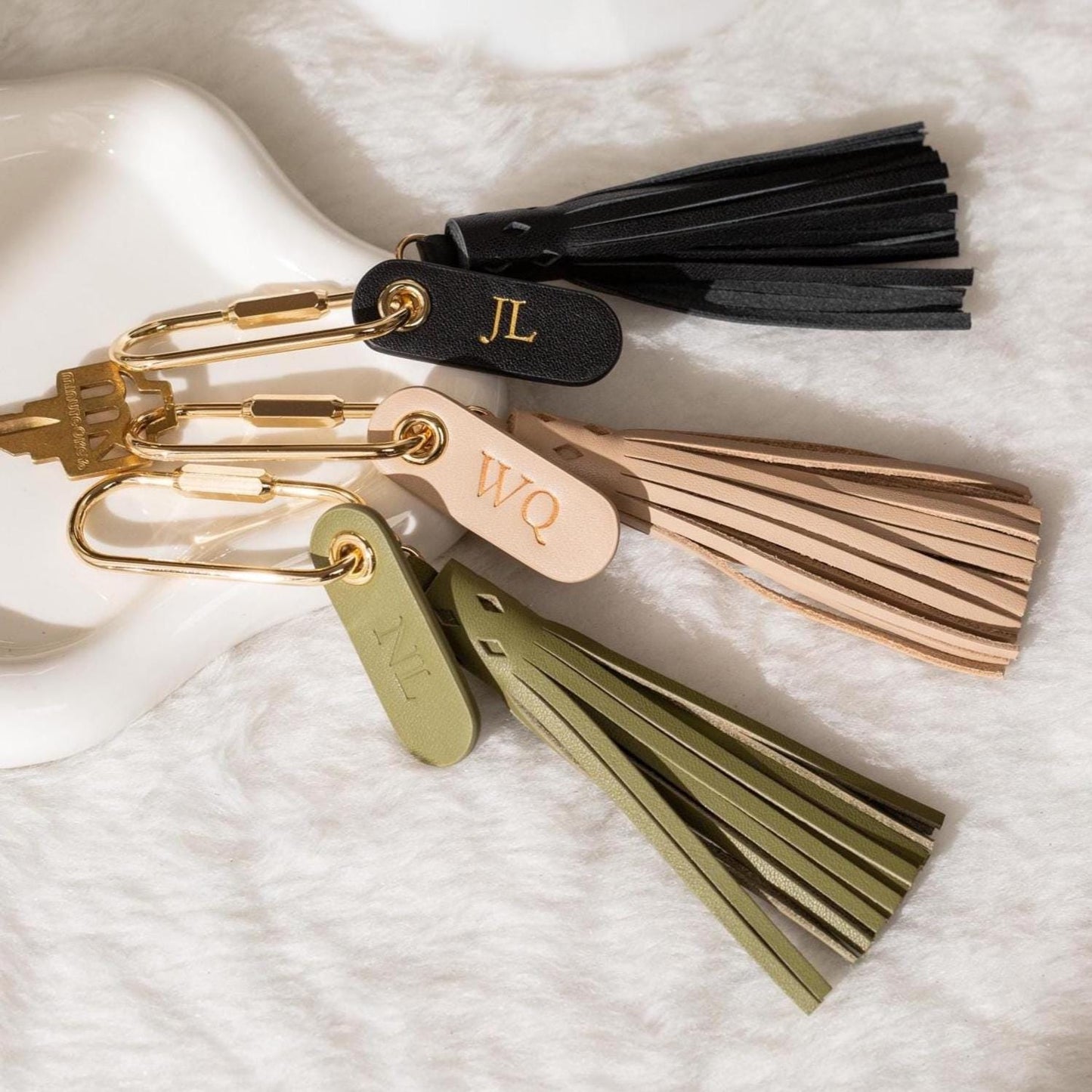 Embossed Leather Tag Keychain w/ Tassel - modern key rings, custom monogrammed zipper pull, mini personalized key chain gift, gold carabiner
