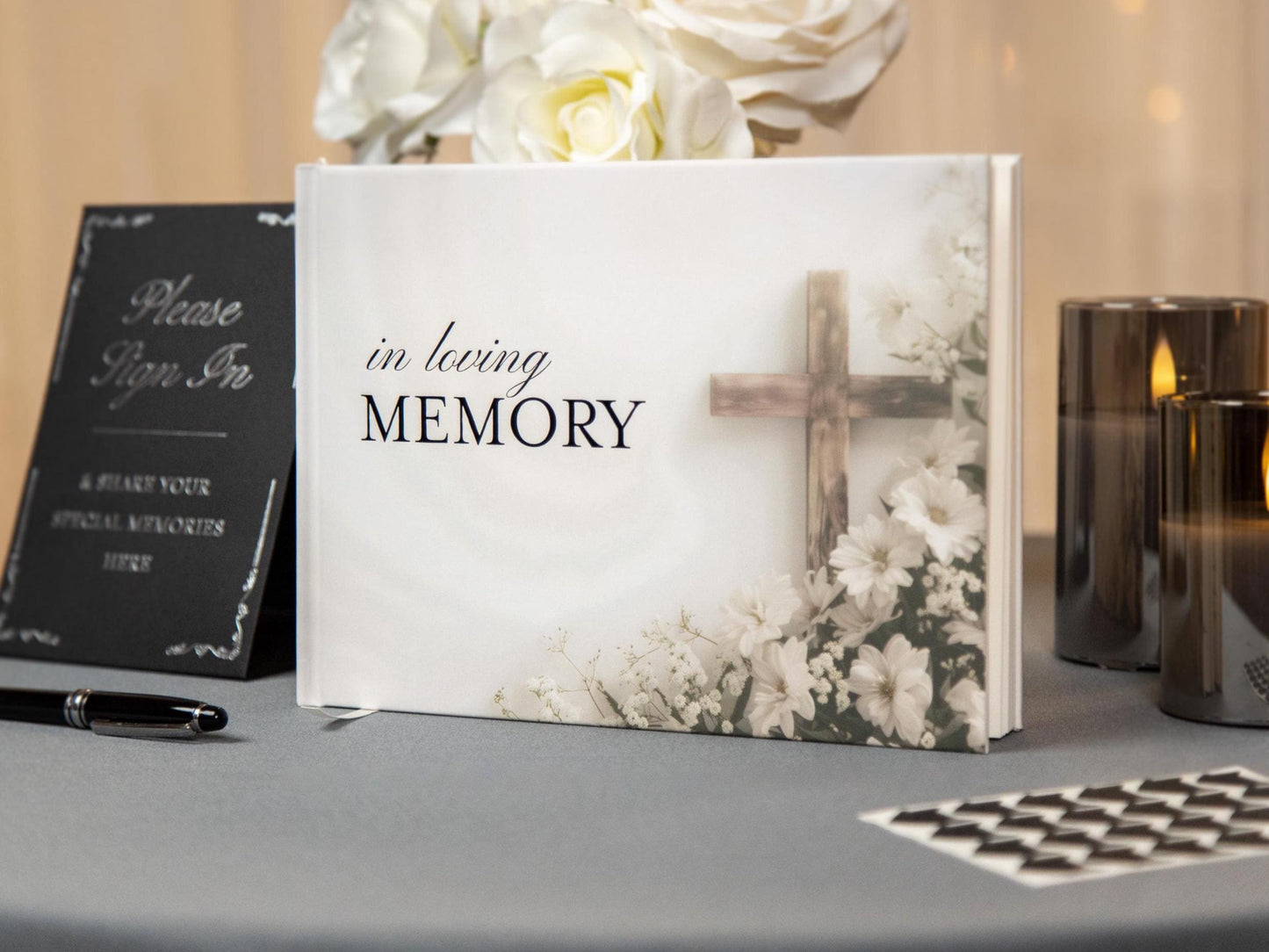 Cross Hardcover Funeral Guest Book Set - Comes with pen, photo corners, sign, box, Celebration of Life Memorial Service Condolences RTS