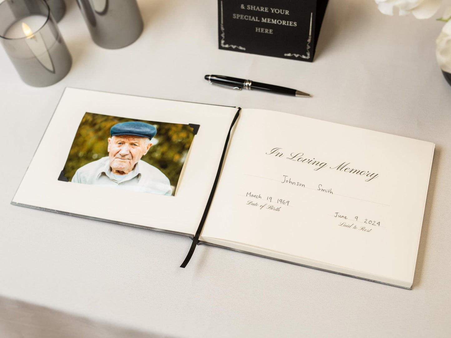 Rose Photo Hardcover Funeral Guest Book Set - Comes with pen, photo corners, sign, box, Celebration of Life Memorial Service Condolences RTS