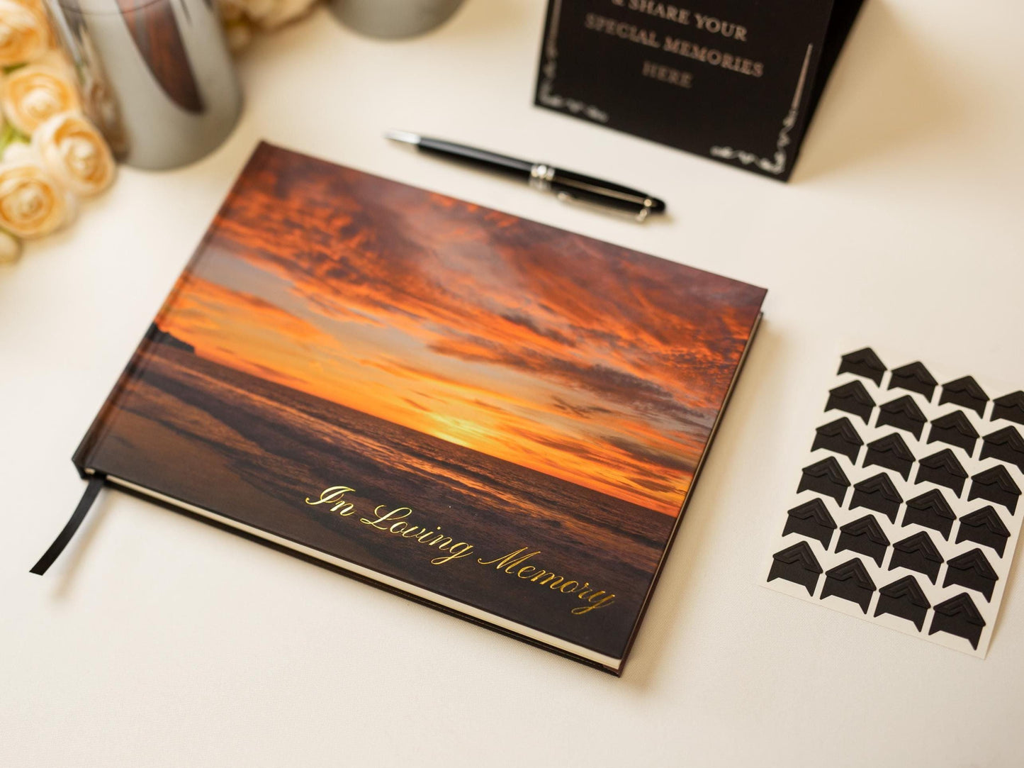 Sunset Hardcover Funeral Guest Book Set - Includes pen, photo corners, sign, box. Photo Funeral Memorial Service Condolences Memories RTS