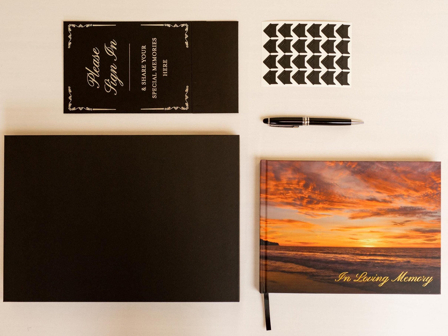 Sunset Hardcover Funeral Guest Book Set - Includes pen, photo corners, sign, box. Photo Funeral Memorial Service Condolences Memories RTS