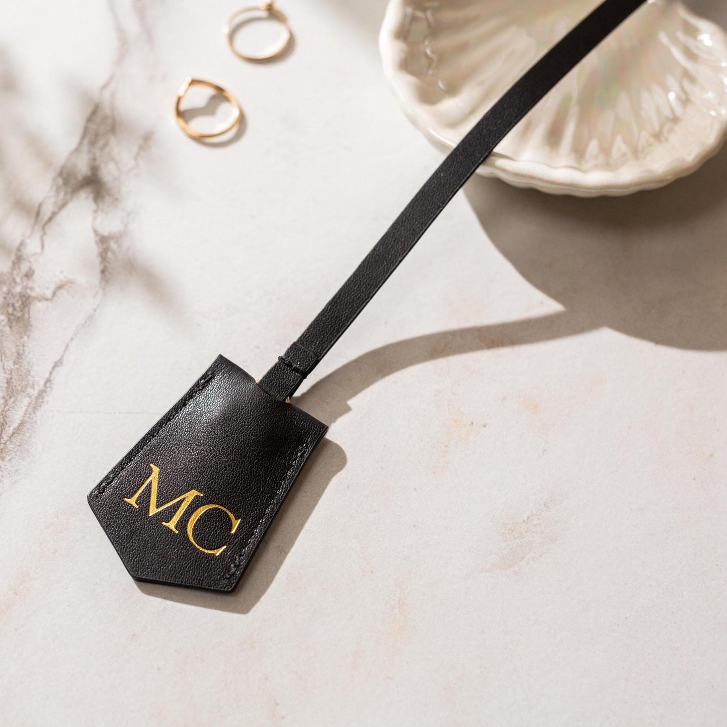 Embossed Leather Clochette (Large Initials) - Bell Key holder, personalized bag tag, purse charm, tote accessory, custom monogrammed gift