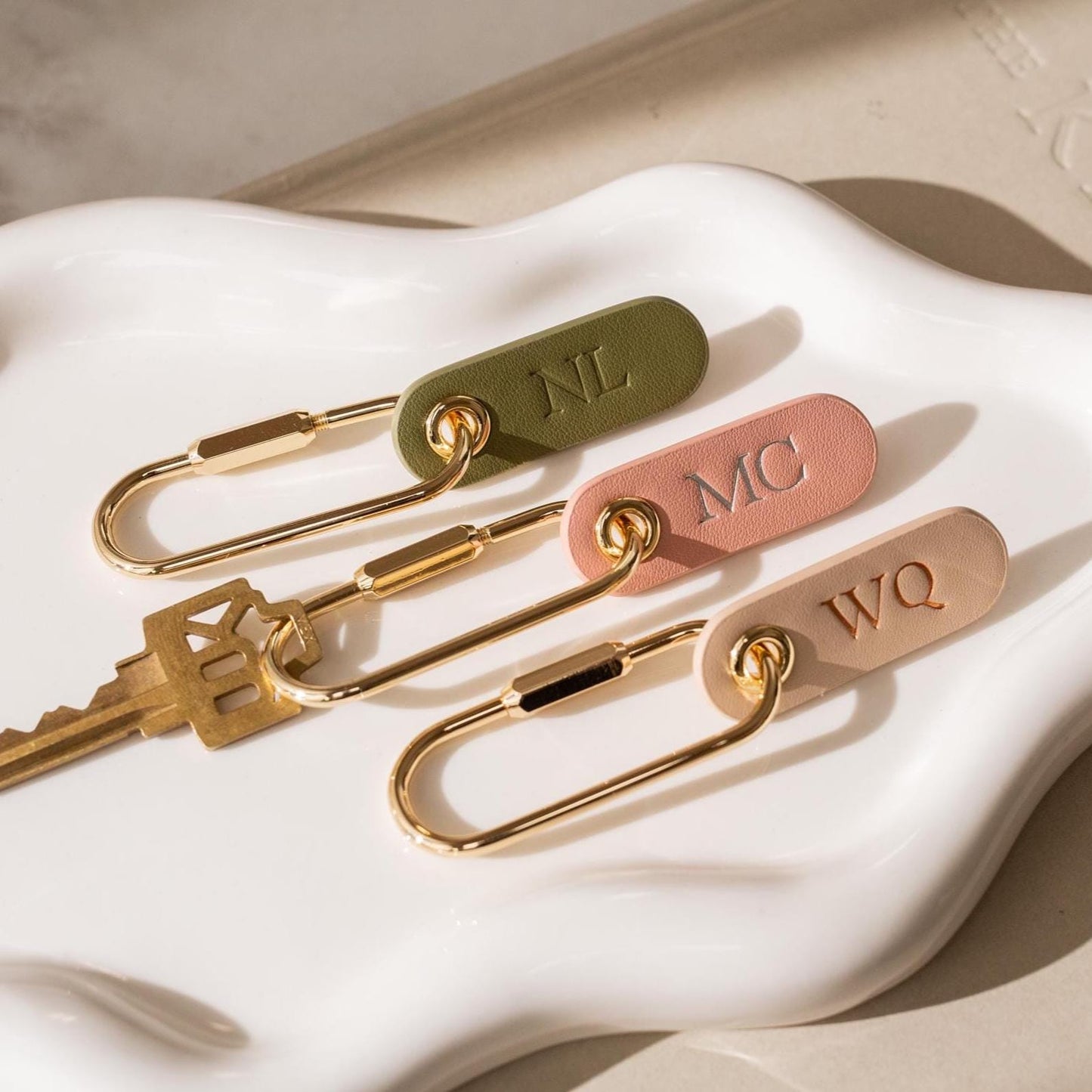 Embossed Leather Tag Keychain - modern key rings, custom monogrammed zipper pull, mini personalized key chain gift, minimal key fob, simple