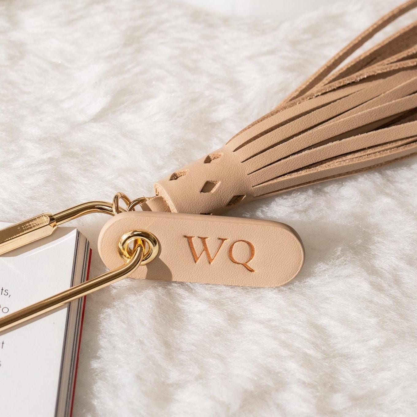 Embossed Leather Tag Keychain w/ Tassel - modern key rings, custom monogrammed zipper pull, mini personalized key chain gift, gold carabiner