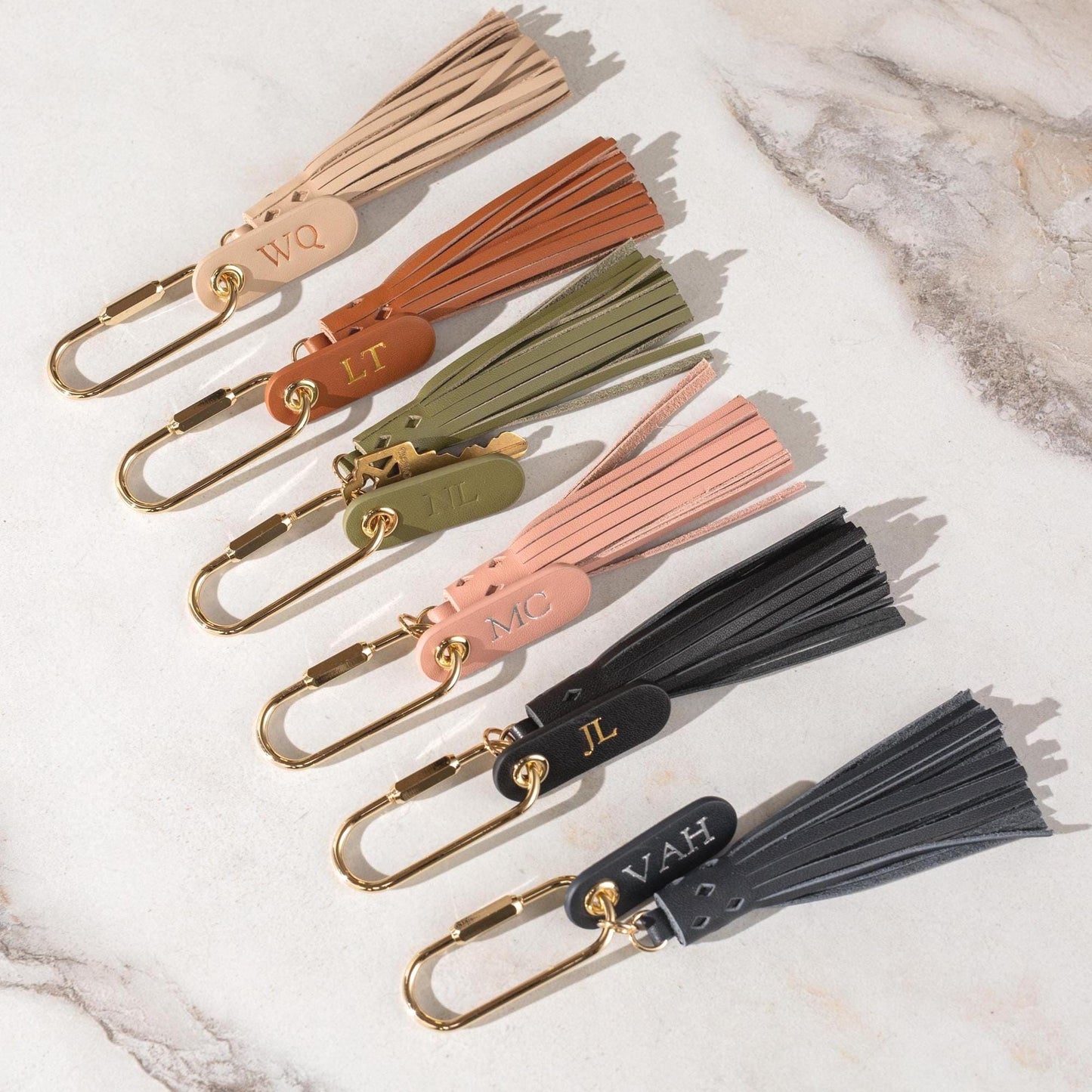 Embossed Leather Tag Keychain w/ Tassel - modern key rings, custom monogrammed zipper pull, mini personalized key chain gift, gold carabiner