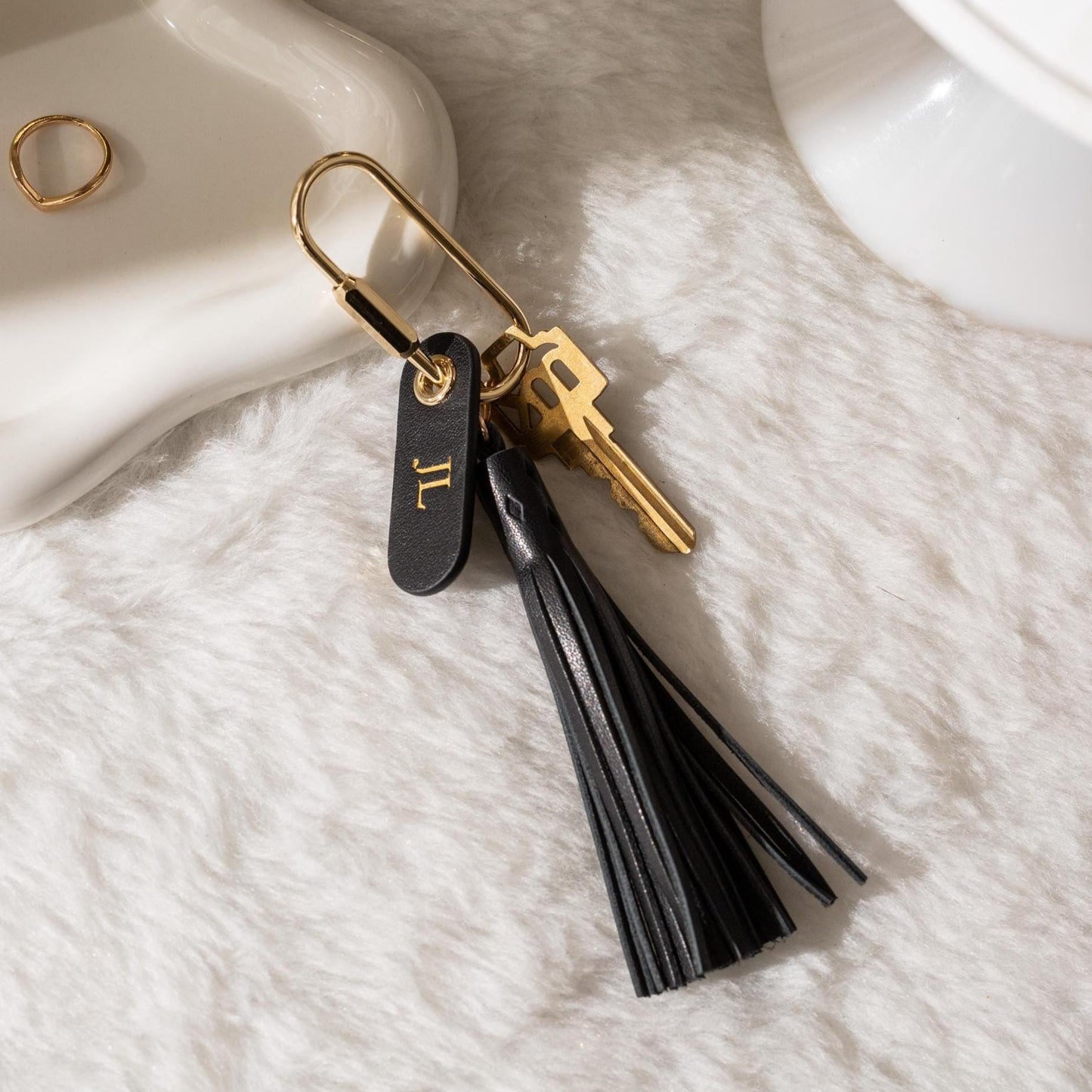 Embossed Leather Tag Keychain w/ Tassel - modern key rings, custom monogrammed zipper pull, mini personalized key chain gift, gold carabiner