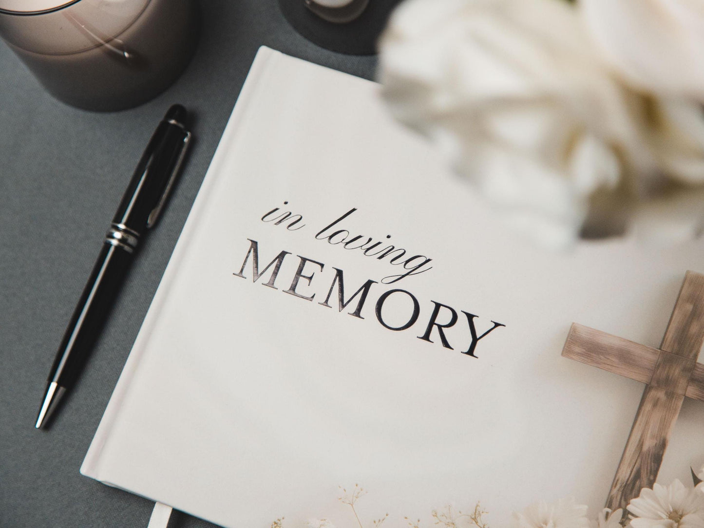 Cross Hardcover Funeral Guest Book Set - Comes with pen, photo corners, sign, box, Celebration of Life Memorial Service Condolences RTS