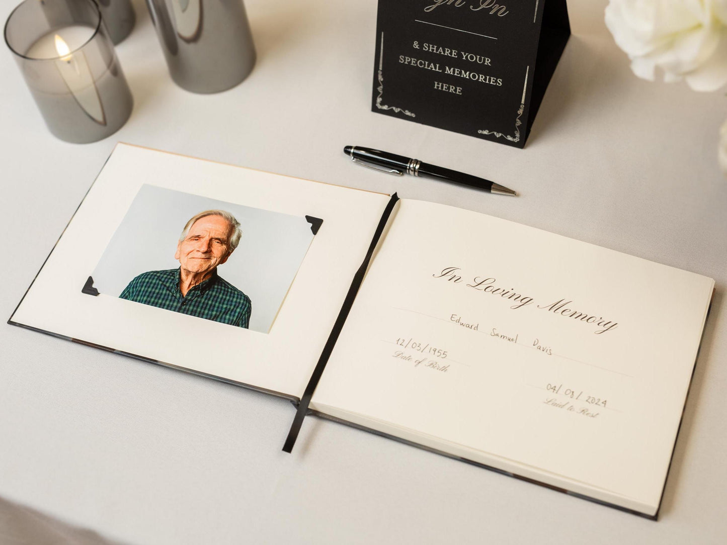 Sunset Hardcover Funeral Guest Book Set - Includes pen, photo corners, sign, box. Photo Funeral Memorial Service Condolences Memories RTS