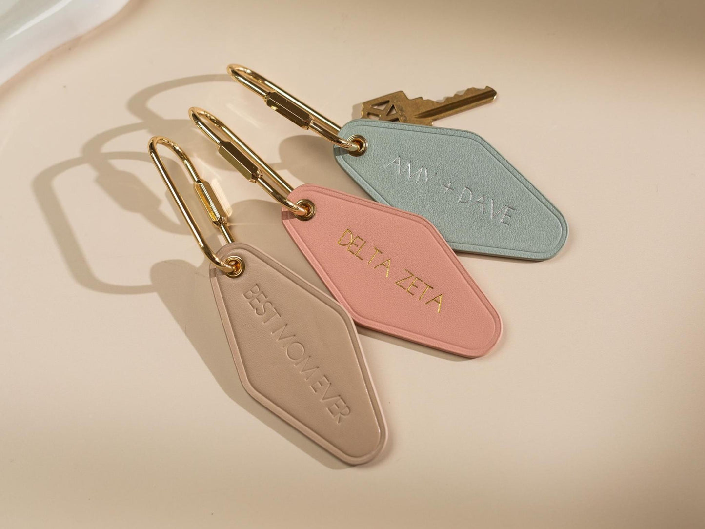 Embossed Diamond Leather Keychain XS Names - modern key chain fob, travel luggage bag tag, vintage style hotel motel office keys ring