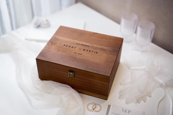 Wood Storage Box w/ Hinge Lid (D10) - Engraved Wedding Keepsake Memory Box Wedding Photos Cards, Engagement Gift, Anniversary Gift Couples