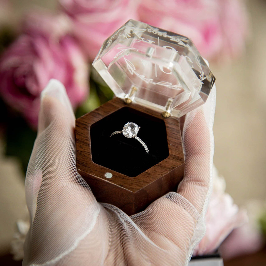 Hexagon Mini Flip Ring Box w Clear Acrylic Lid