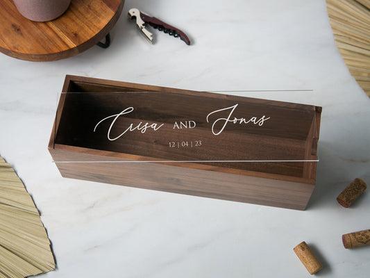 Acrylic Lid Wine Box (Design 10) - Walnut Wood Wine Champagne Box, Congratulatory Gift for Newlywed Couples Anniversary Birthday Engagement