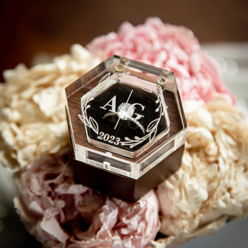 Hexagon Mini Flip Ring Box w Clear Acrylic Lid