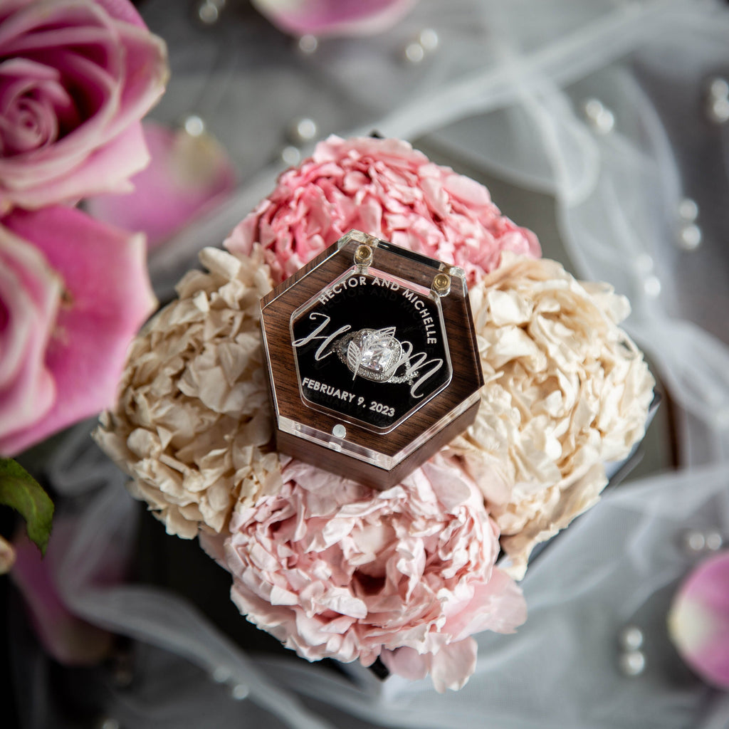 Hexagon Mini Flip Ring Box w Clear Acrylic Lid
