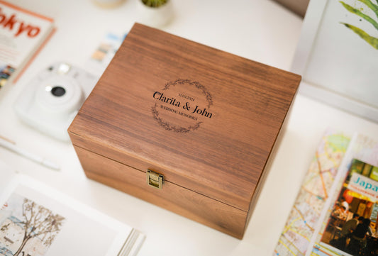 Wood Storage Box w/ Hinge Lid (D3) -  - Engraved Wedding Keepsake Memory Box Wedding Photos Cards, Engagement Gift, Anniversary Gift Couples