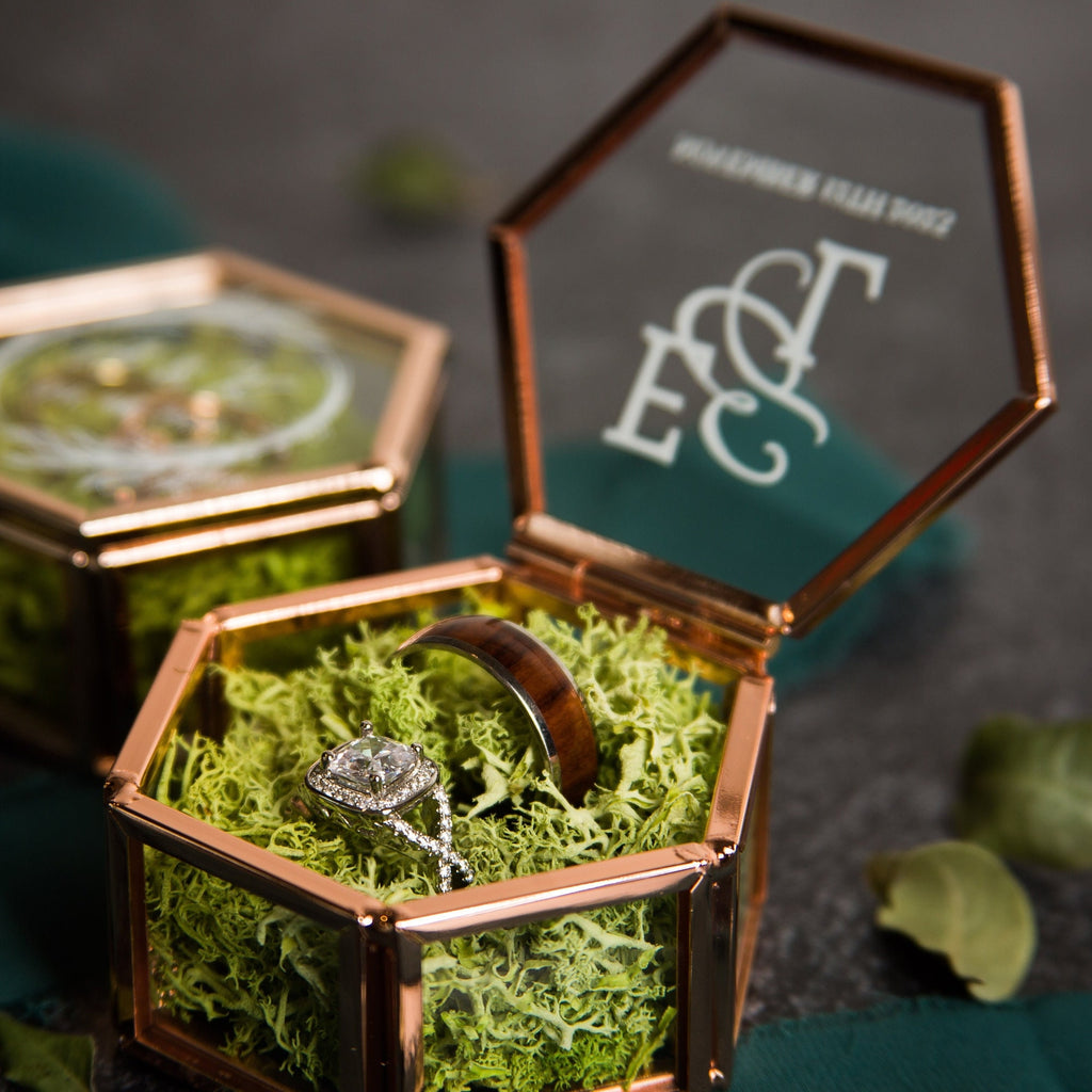 Hexagon Glass Ring Box with Moss