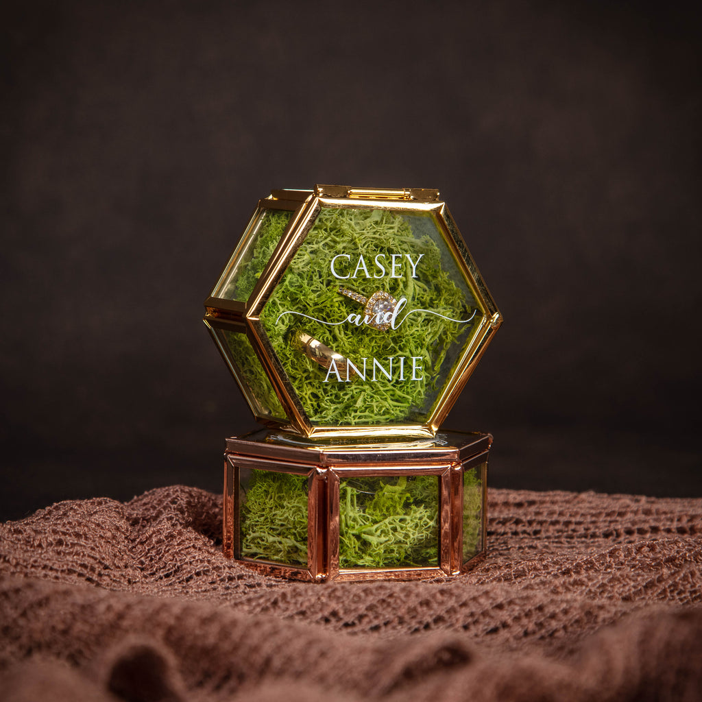 Hexagon Glass Ring Box with Moss