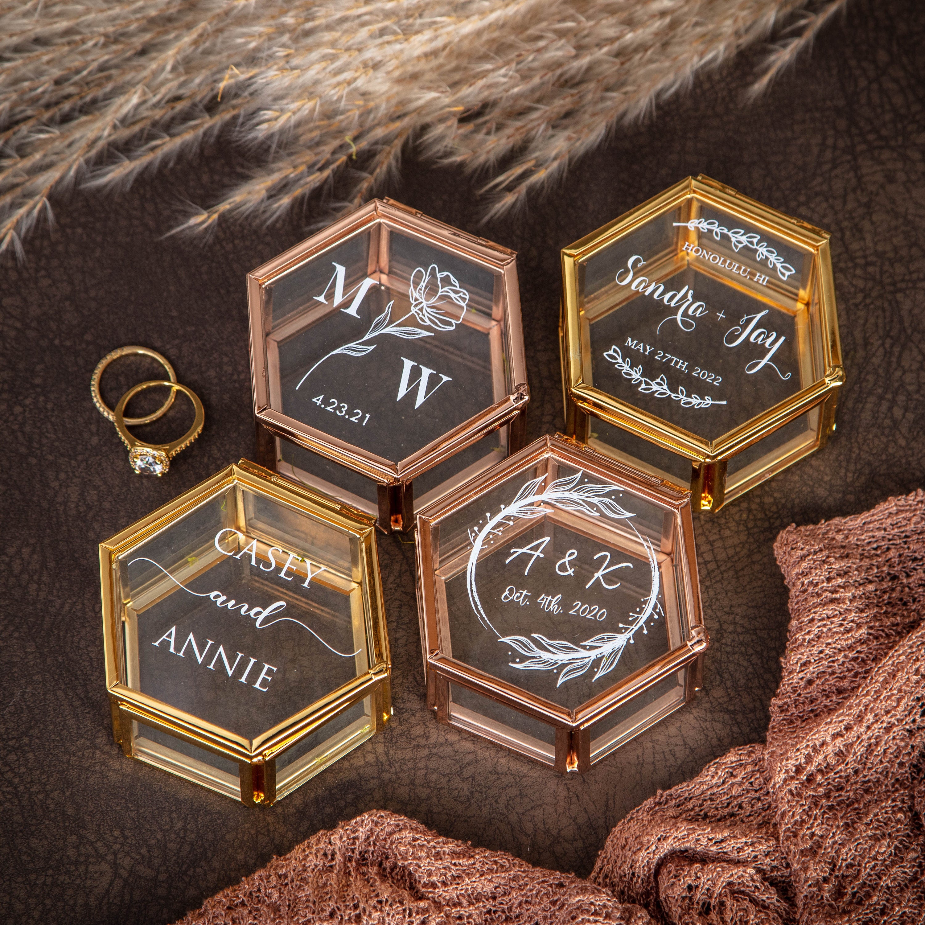 Hexagon Glass Ring Box with Moss