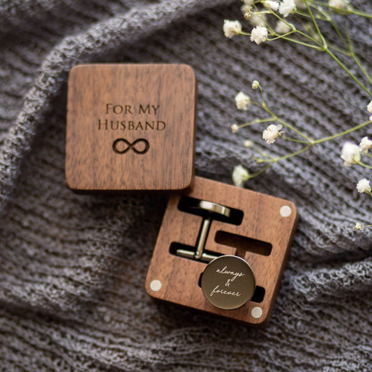 Metal Cufflinks - Engraved Box Optional, Custom Wedding Day Cuff links for Groom Dad Father of the Bride, Wood Anniversary Gift for Husband