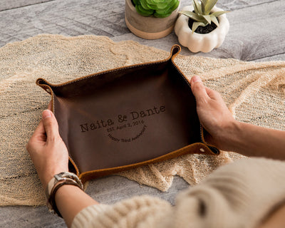 Engraved Anniversary Leather Valet Tray Gift - 3rd Year Anniversary Couple Husband Wife, Thoughtful Custom Gift, Empty Your Pockets Daddy