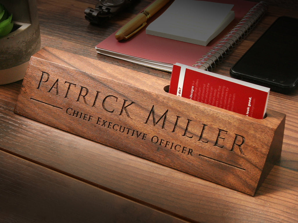 Wood Name Block with Business Card Holder