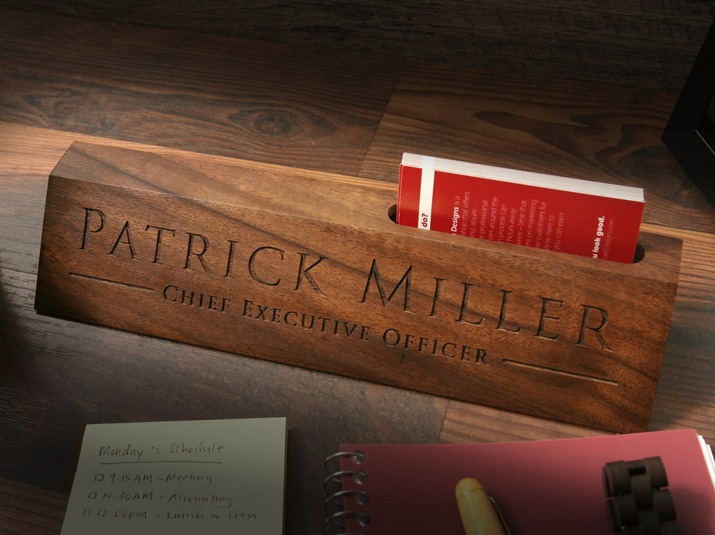 Wood Name Block with Business Card Holder
