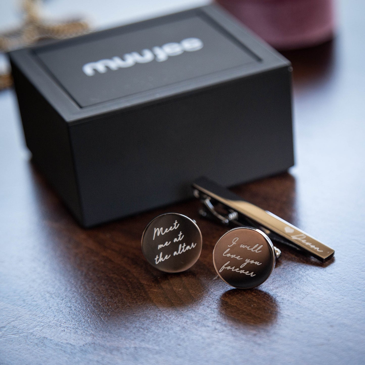 Metal Cufflinks, Tie Clip & Black Gift Box - Wedding Day Cuff links, Gift for Dad Father of Bride Groom Groomsmen, Custom Anniversary Gift