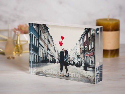 Engraved Acrylic Photo Block - New Home or Office Picture Frame Work, BFF Birthday, Engagement Wedding Gift for Couples, Bedroom Decor