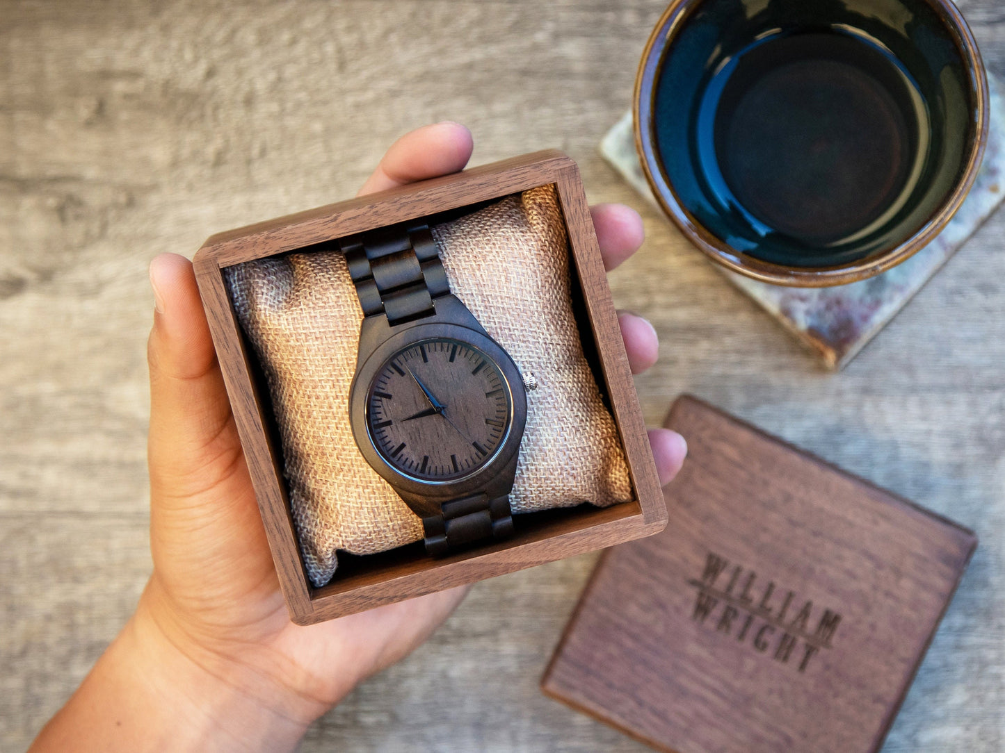 Engraved Wood Watch & Walnut Gift Box - Mens Watch, Anniversary Wedding Day Gift for Husband Groom Boyfriend Son Dad, Teacher Appreciation