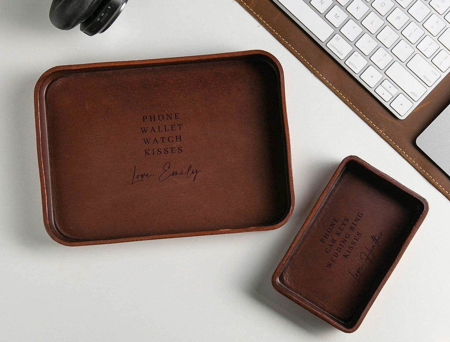 Vegetable Tanned Hard Leather Valet (Design 6) - Engraved Tray for Him Boyfriend Husband Mens Anniversary, Custom Message Gifts for Mother