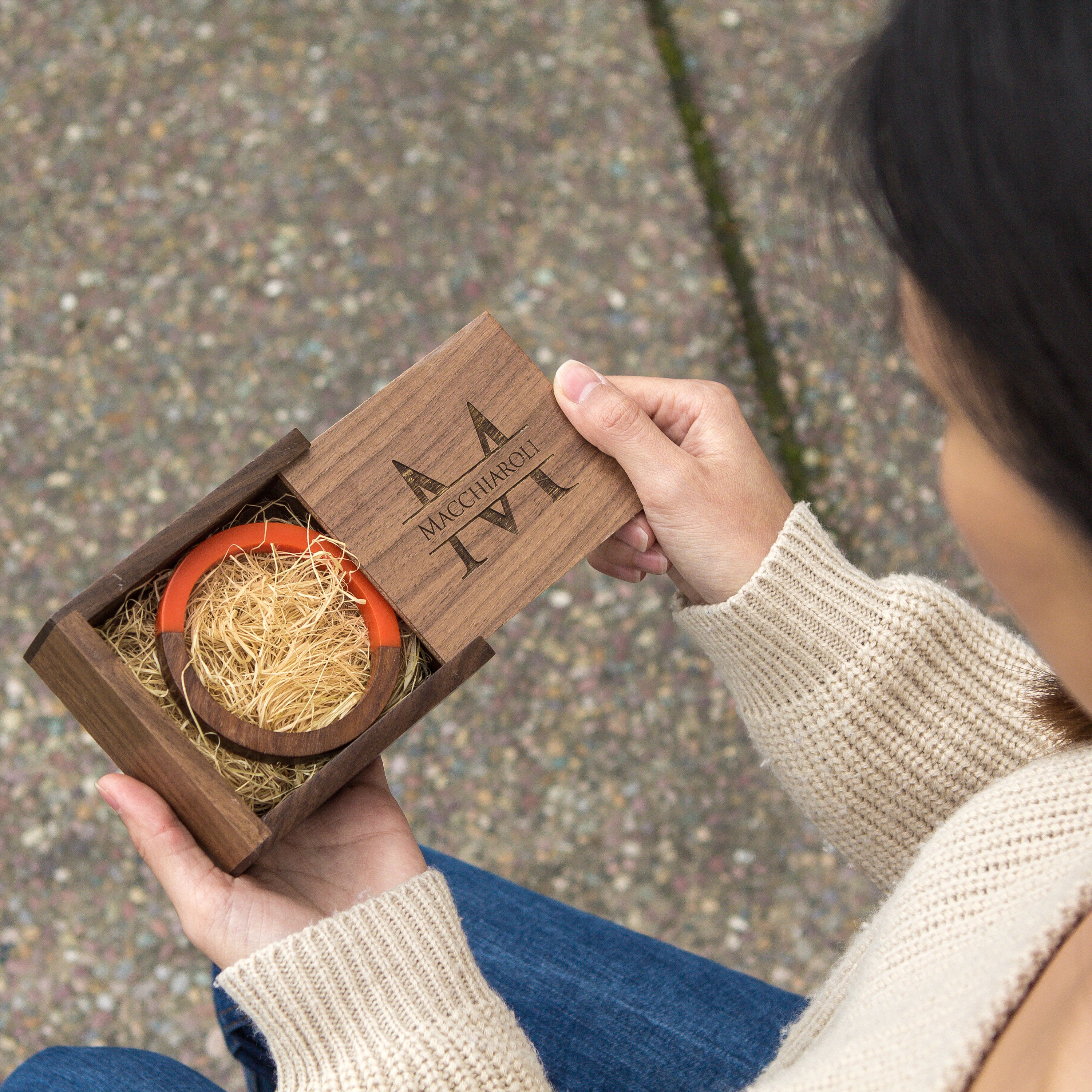 Square Walnut Trinket Gift Box with Wood Wool