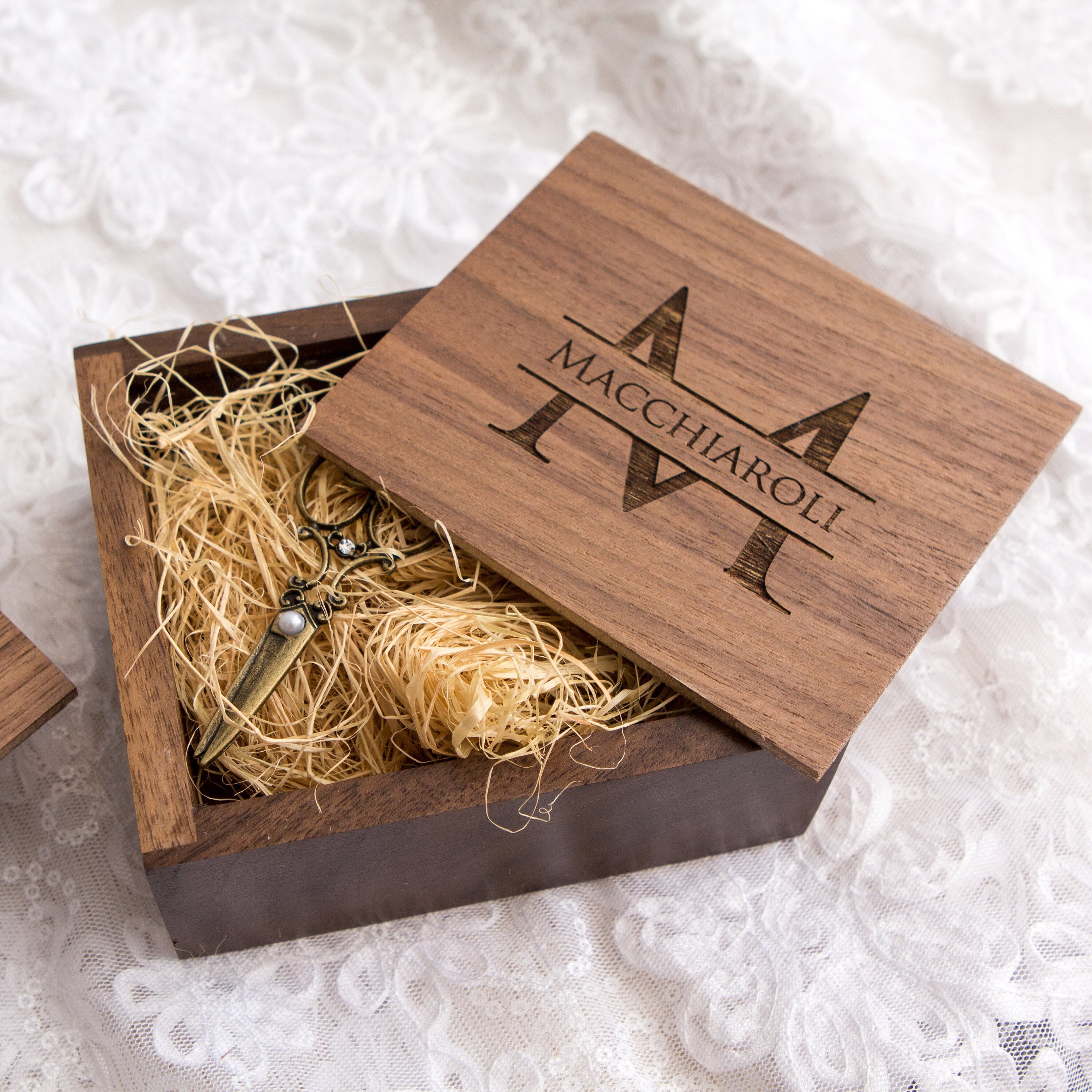 Square Walnut Trinket Gift Box with Wood Wool