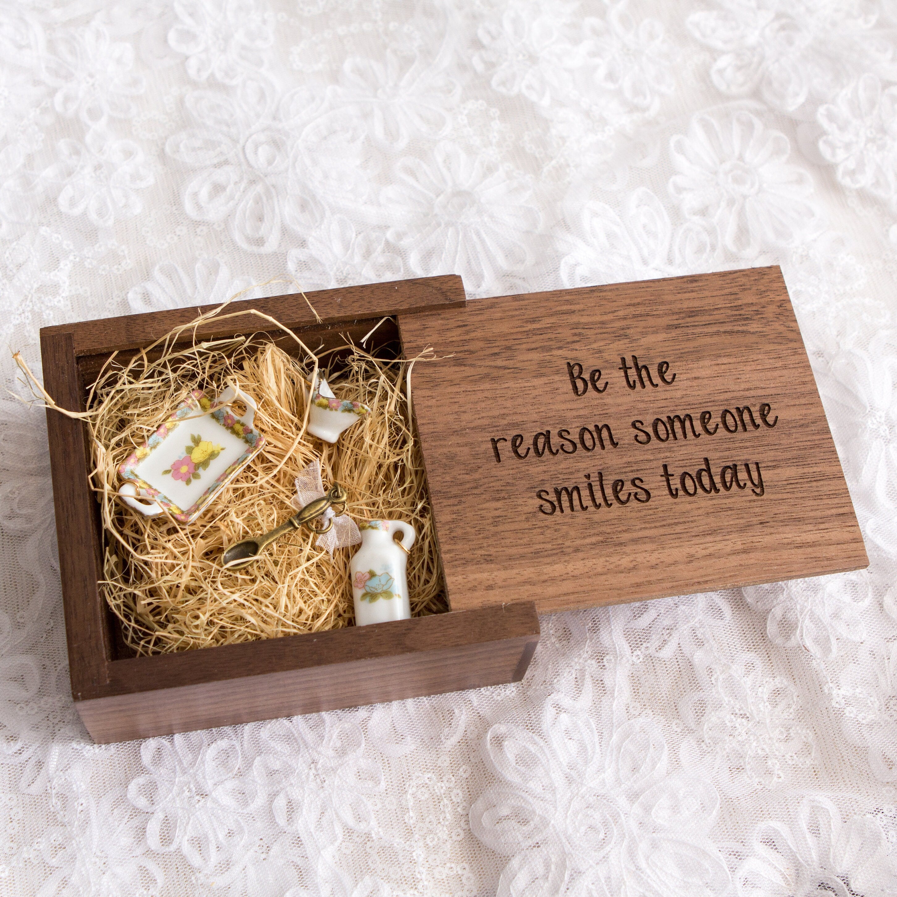 Square Walnut Trinket Gift Box with Wood Wool